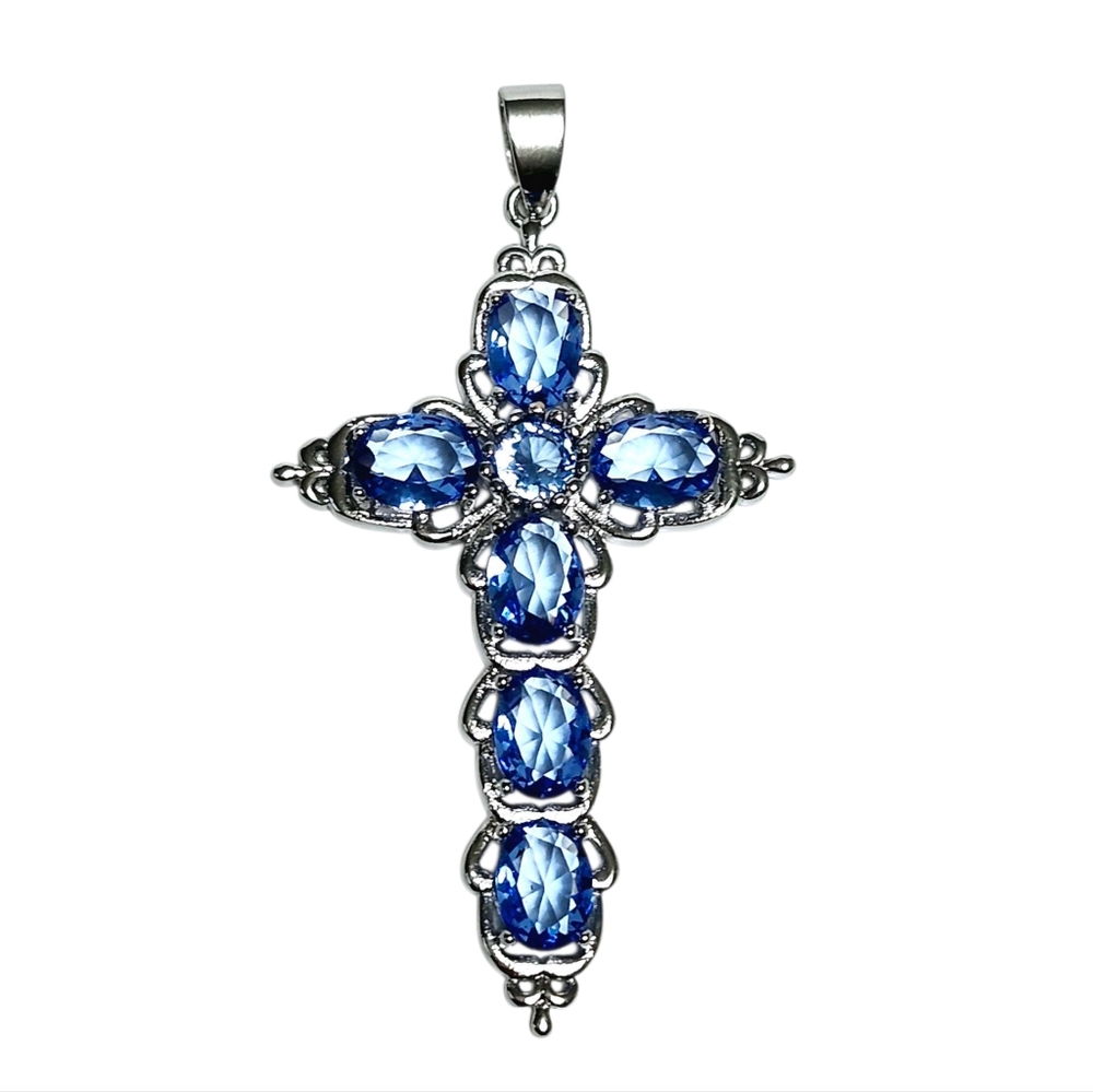 Tanzanite Silver Cross Large Pendant 2.5"